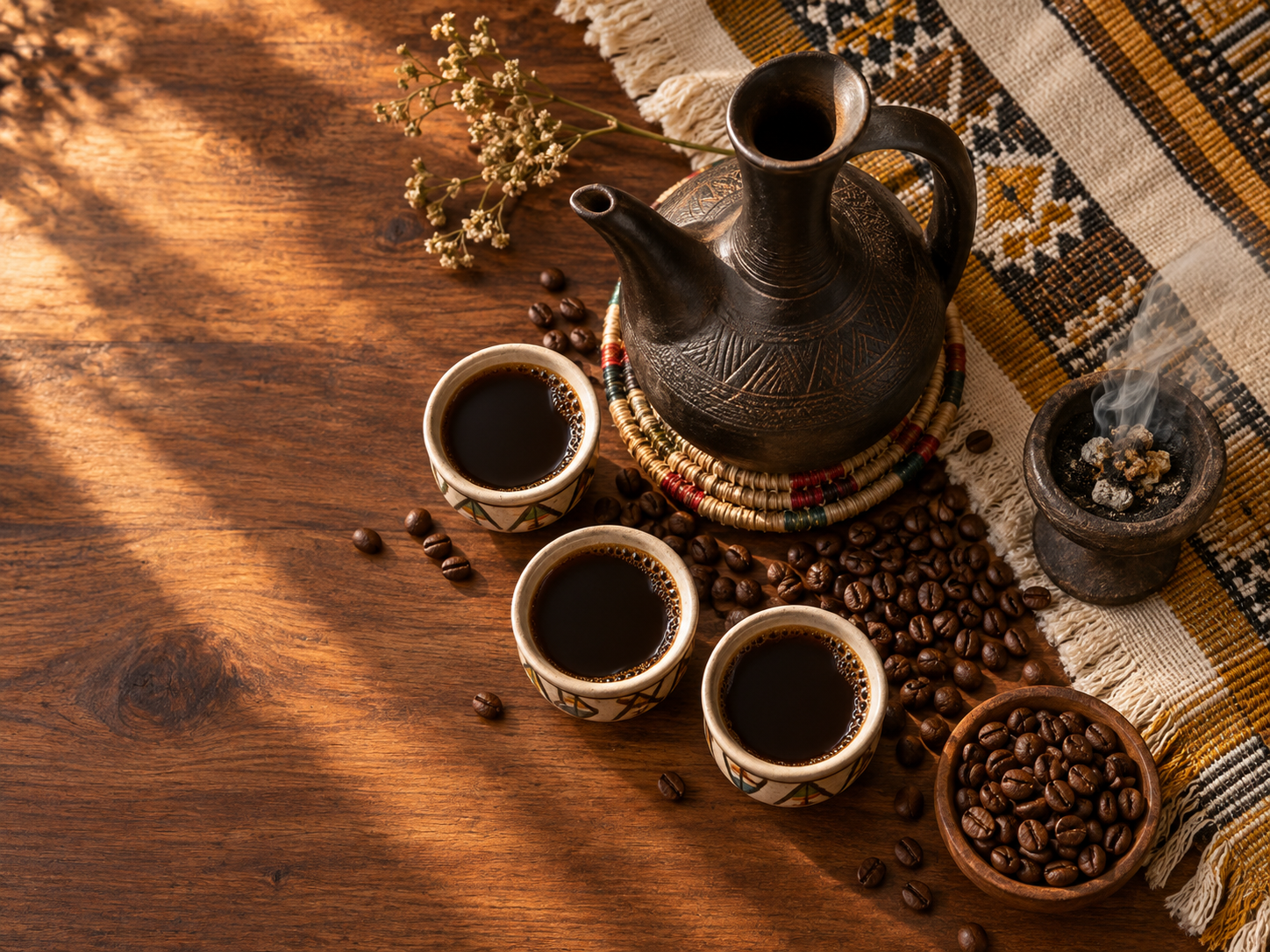 An Ethiopian coffee ceremony with a jebena, coffee cups and roasted beans